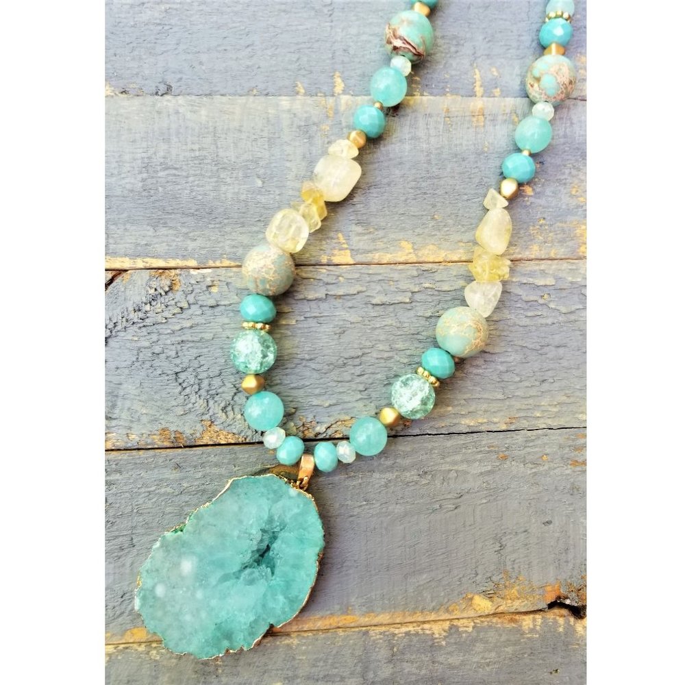 Artisan Hand Crafted Necklace Bracelet Earrings Set Aqua Gold Geode Beaded